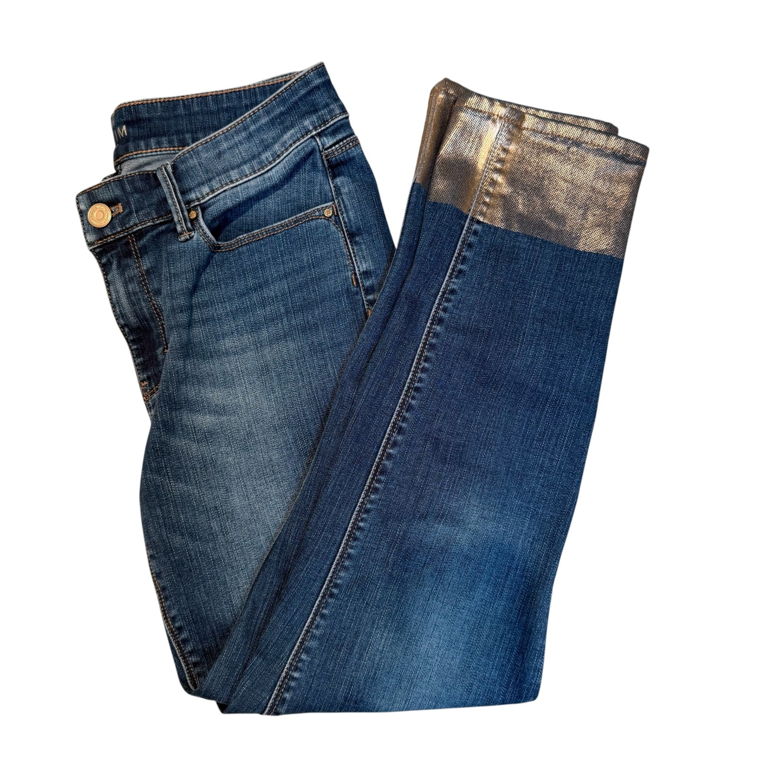 White House Black Market The Slim Crop Jeans Metallic Gold Hem Blue Sz 2